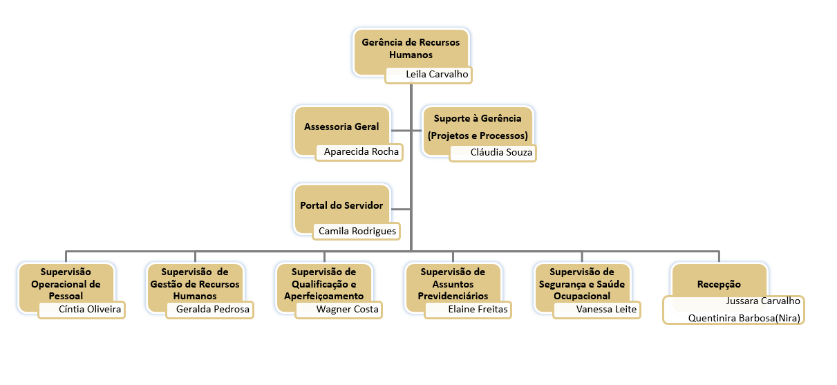 Estrutura Organizacional da Gerência de Recursos Humanos em retângulos com a cor dourada claro de fundo. O primeiro nível é a Gerência de Recursos Humanos e Leila Carvalho como gerente e o segundo nível com as cinco supervisões. Da esquerda para a direita temos: Supervisão de Recursos Humanos supervisora Geralda Onofre; Supervisão Operacional de Pessoal, supervisora Cíntia Oliveira; Supervisão de Segurança e Saúde Ocupacional, supervisora Vanessa Leite; Supervisão de Assuntos Previdenciários, supervisora Elaine Freita; Supervisão de Qualificação e Aperfeiçoamento, supervisor Wagner Costa.